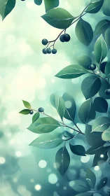 Dreamlit berry leaves drifting through minty morning light.