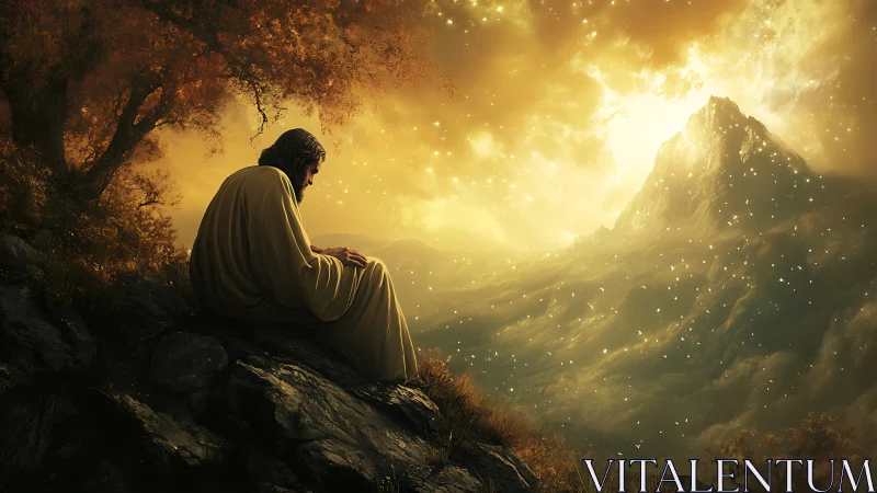 Solitary robed figure at dusk facing glowing mountain sky.