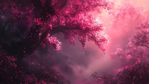 Enchanted cherry grove under luminous magenta haze.