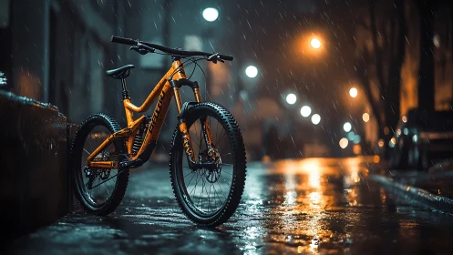Orange Mountain Bike in Rain on Wet Urban Street
