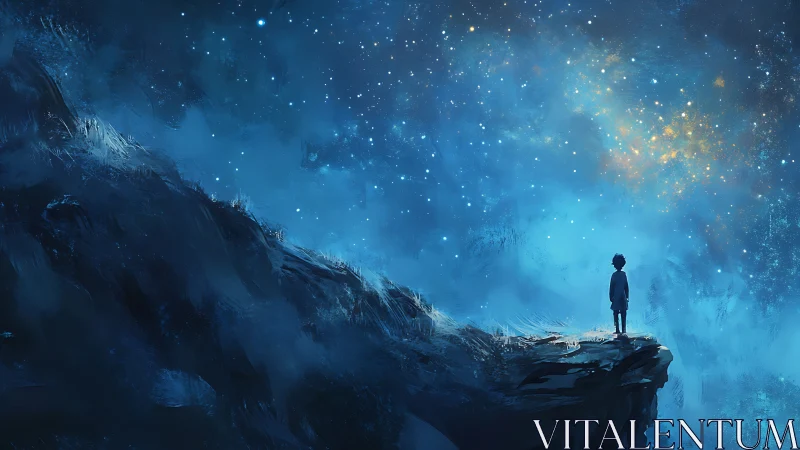 Child stands on cliff edge under vast luminous night sky