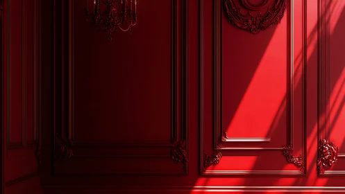 Crimson paneled wall catches dramatic shafts of light