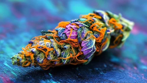 Colorful macro of cannabis bud on vibrant blue surface.