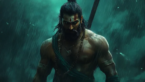 Stormlit warrior stands strong beneath the pouring rain