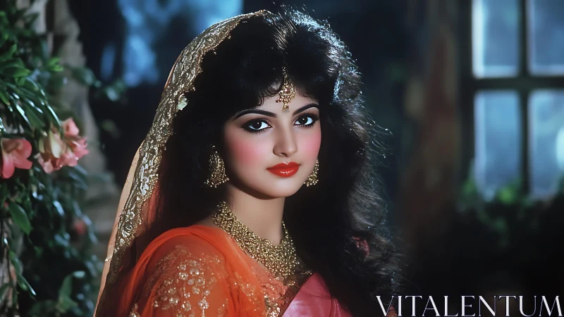 Woman in ornate saree poses indoors with direct gaze