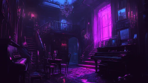 Neon gothic music hall with twin pianos and staircase.