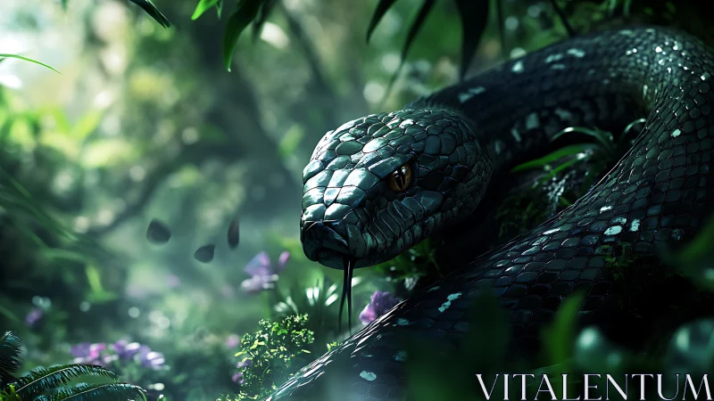 Emerald forest serpent resting in dappled jungle light.