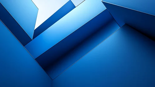 Geometric blue planes form luminous abstract corridor.