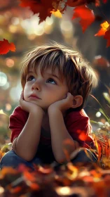 Contemplative child portrait in shallow focus autumn foliage