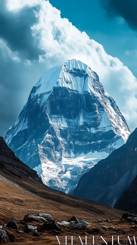 Snowbound mountain peak under storm-heavy sky.