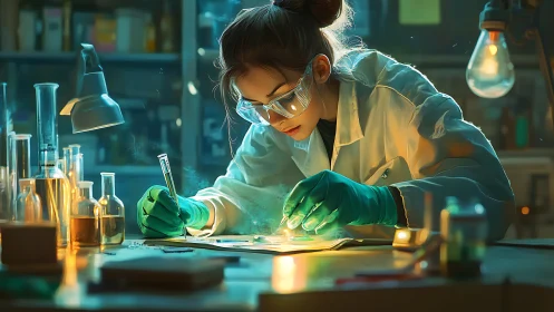 Digital painting of focused scientist in warm lab lighting.
