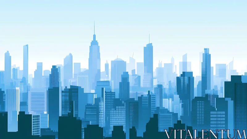 Calm blue city skyline glowing in soft morning light.