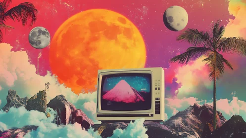 Retro monitor in surreal tropical cosmic landscape scene.