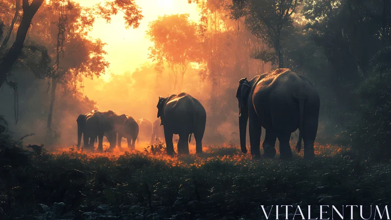 Elephant group walking through dense forest at sunrise.