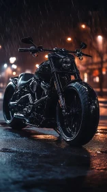 Black custom motorcycle on wet city street at night.