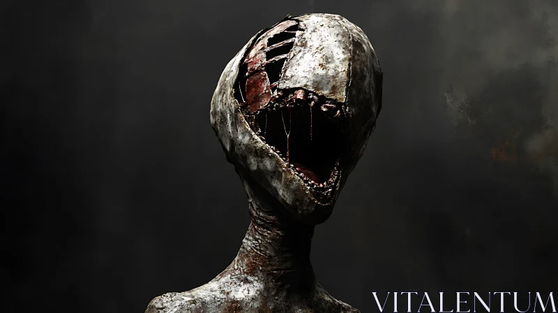 Rotting humanoid husk screams under fractured metal shell.