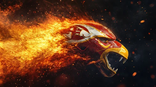 Flaming metallic hawk helmet with dynamic particle fire trail