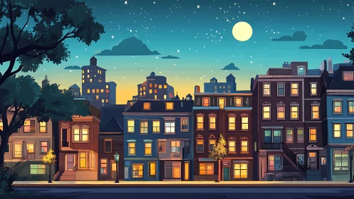 Digital painting of nocturnal row houses under moonlit skyline.