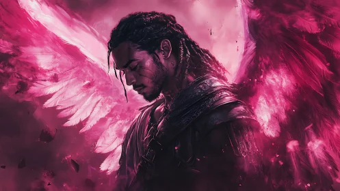 Winged male figure in magenta atmospheric digital artwork.