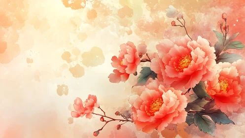 Coral pink peonies with golden stamen rendered in digital watercolor technique