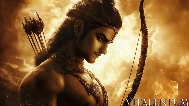 Warrior archer stands in radiant golden divine aura