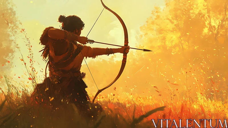 Archer draws recurve bow in backlit field with dynamic warm haze