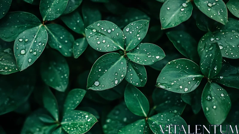 Emerald foliage layered with fresh morning raindrops.