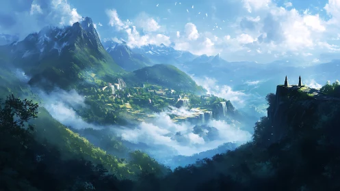 Mountain valley town with waterfalls under bright clouds.