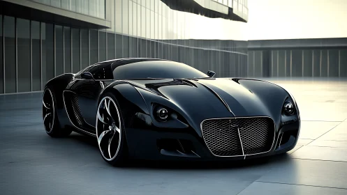 Sleek midnight supercar rests beside a modern glass building