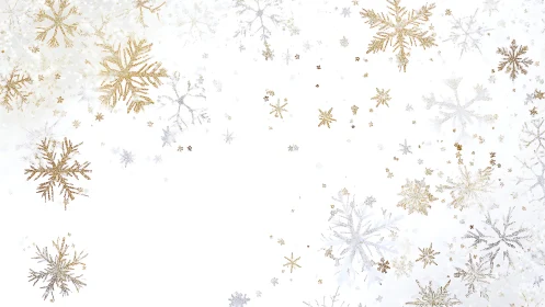 Gold and silver glitter snowflakes drift across white space