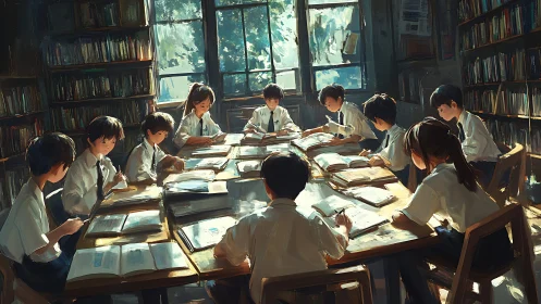 Group of students studying together in sunlit library room.