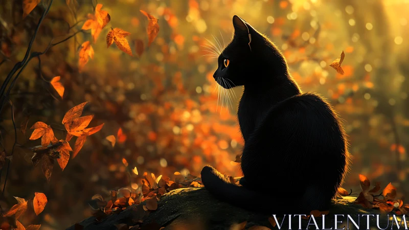 Black Cat Silhouette Among Golden Autumn Leaves.