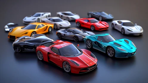 Vivid supercar lineup rendered as glossy 3D miniatures.