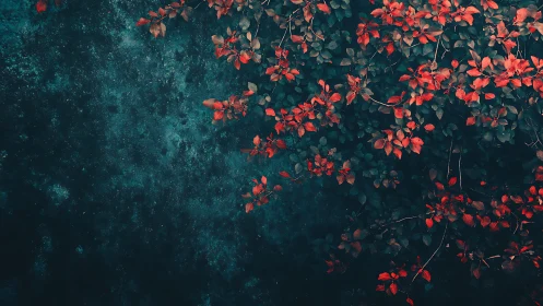 Crimson vine foliage against teal textured stone plane.