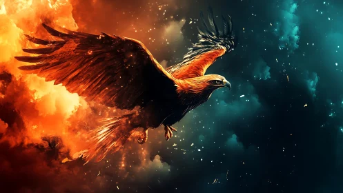 Majestic fiery eagle soaring in dramatic digital fantasy artwork.