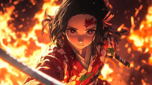Sword-wielding anime girl in kimono before intense fire glow.