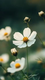 White Cosmos Flower with Golden Center: Shallow Depth Field Botanical Study