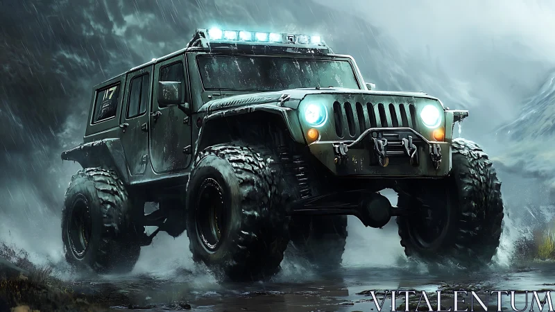 Off-road utility vehicle on rugged wet terrain in rainstorm.