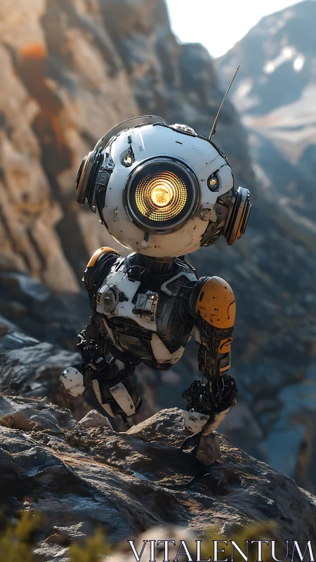 Mountain-climbing explorer robot scales rugged cliffs under sun.