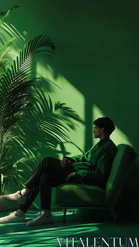 Man in green room sits by palm shadows in dramatic light