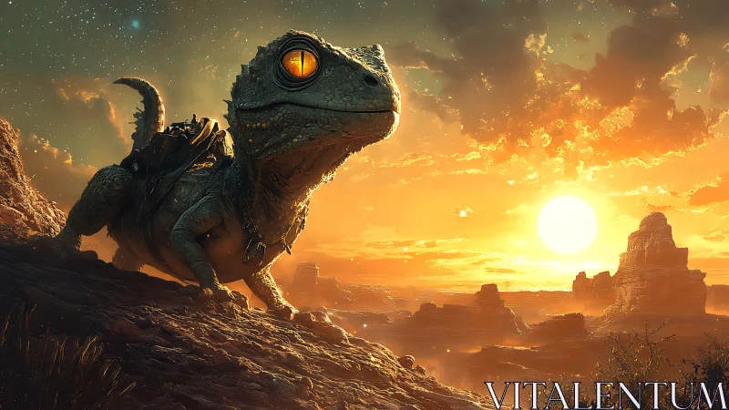 Giant lizard mount gazes over glowing desert sunset vista.