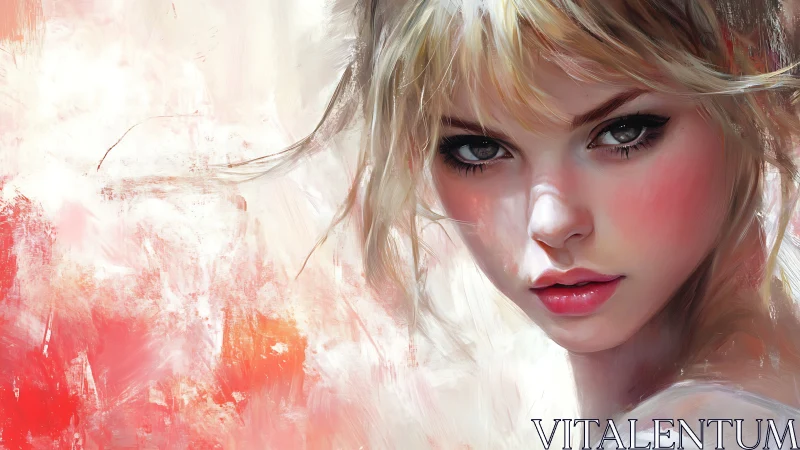 Soft gaze in scarlet light, a portrait brushed with fire.