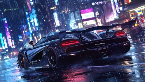 Hypercar powers through neon‑lit rain in futuristic street scene.