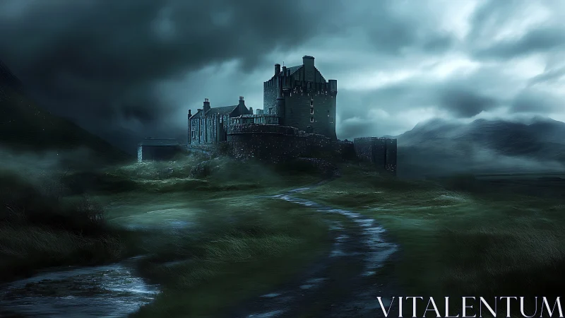 Dark stone castle stands over misty moor under storm clouds