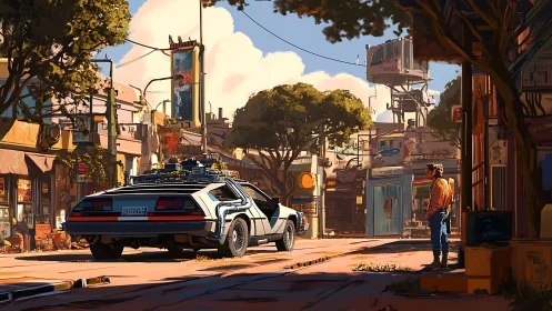 Retro time-travel DeLorean in sunlit futuristic backstreet