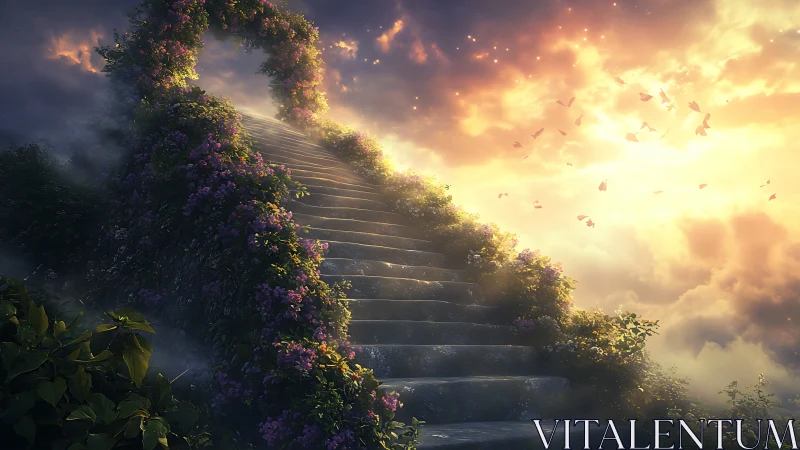 Sunlit stone stairway ascends through luminous floral arch