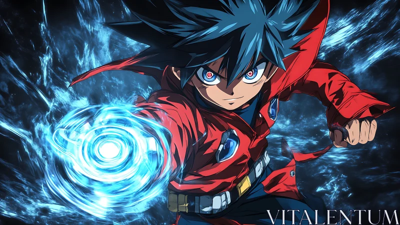 Dynamic anime hero unleashes blue energy vortex in motion