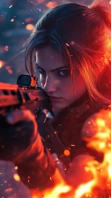 Fierce heroine framed in sparks and firelit determination.