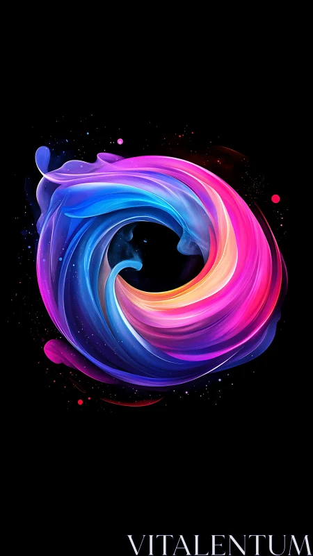 Circular multicolor fluid form is rendered on a black field