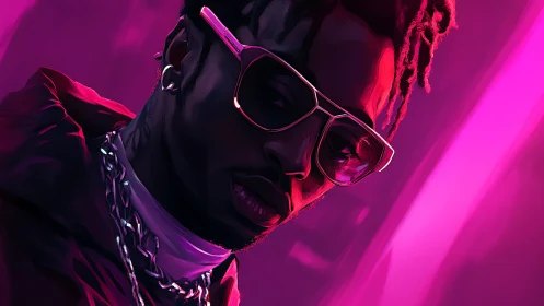 Neon-lit portrait of stylish man in reflective sunglasses.